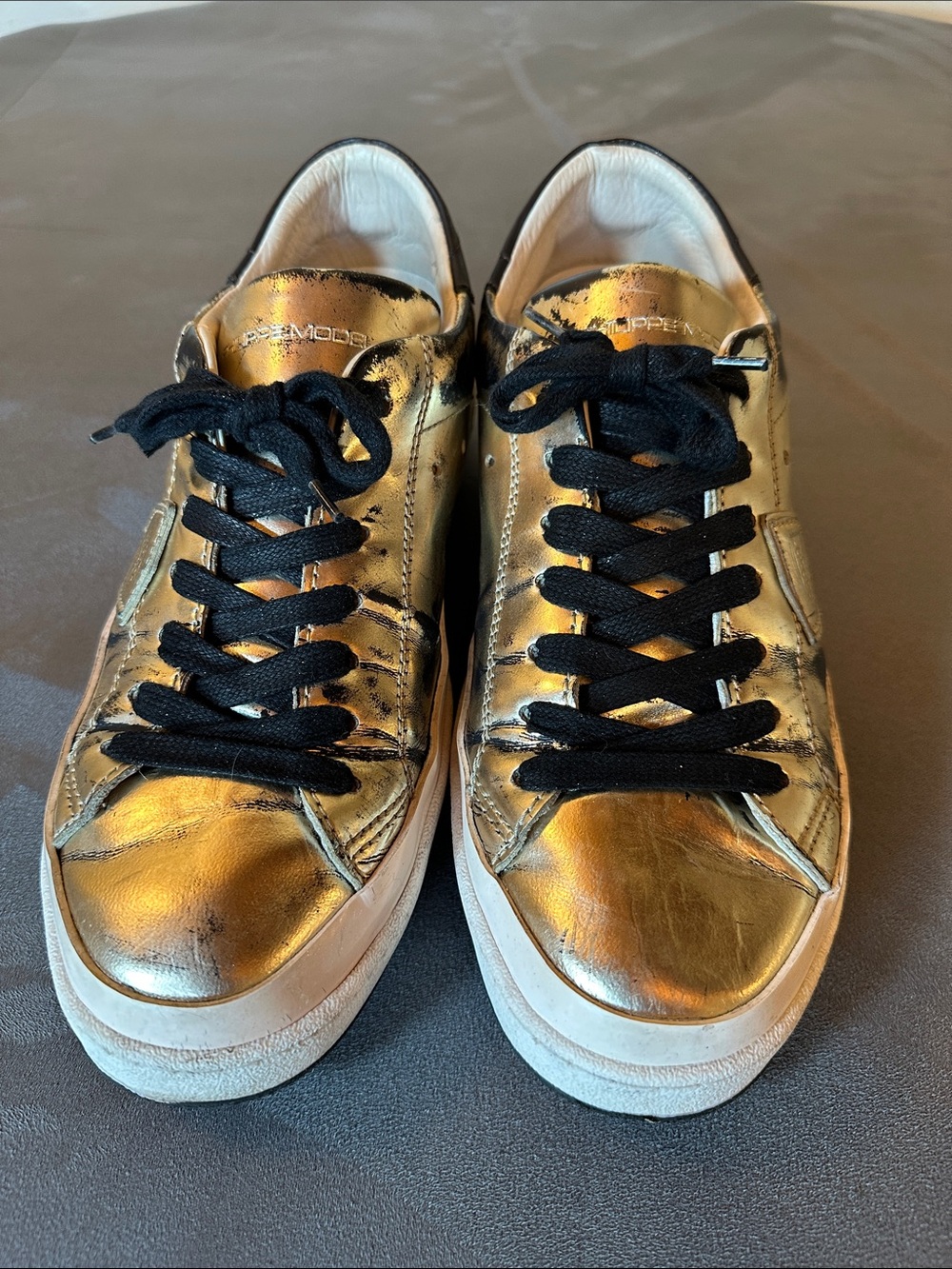 Philippe Model Gold and Black Low-Top Sneakers 8 Mens 41 EUR Distressed Paris